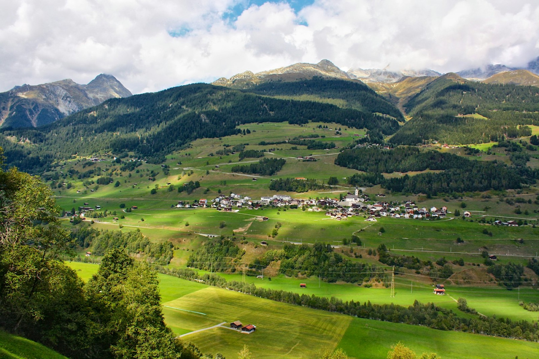 Schweizer Alpenlandschaft mit Wiesen und Bergen im Kanton Zürich